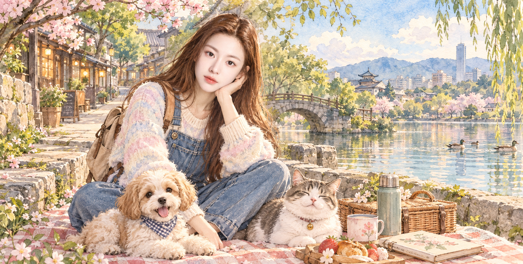 成年女性与猫狗伙伴的水彩河畔旅行日记 — AI image creation