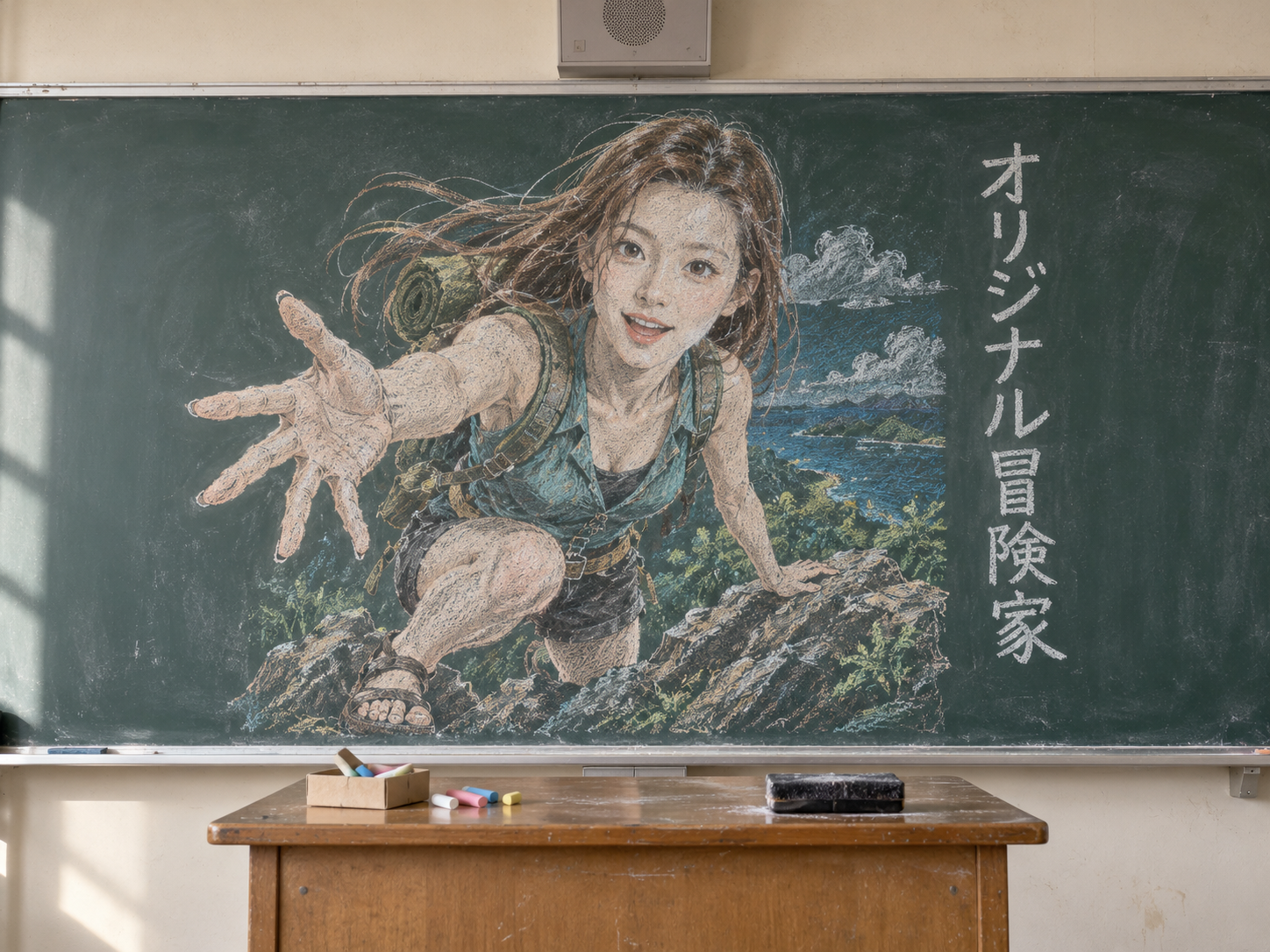 空教室黑板上的原创冒险家粉笔画 — AI image creation