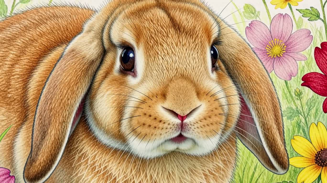 Lapin aux oreilles tombantes parmi des fleurs au crayon de couleur
