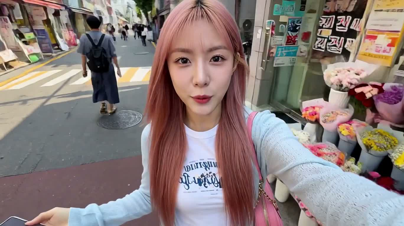 서울 거리 분홍머리 소녀의 17초 셀피 일기