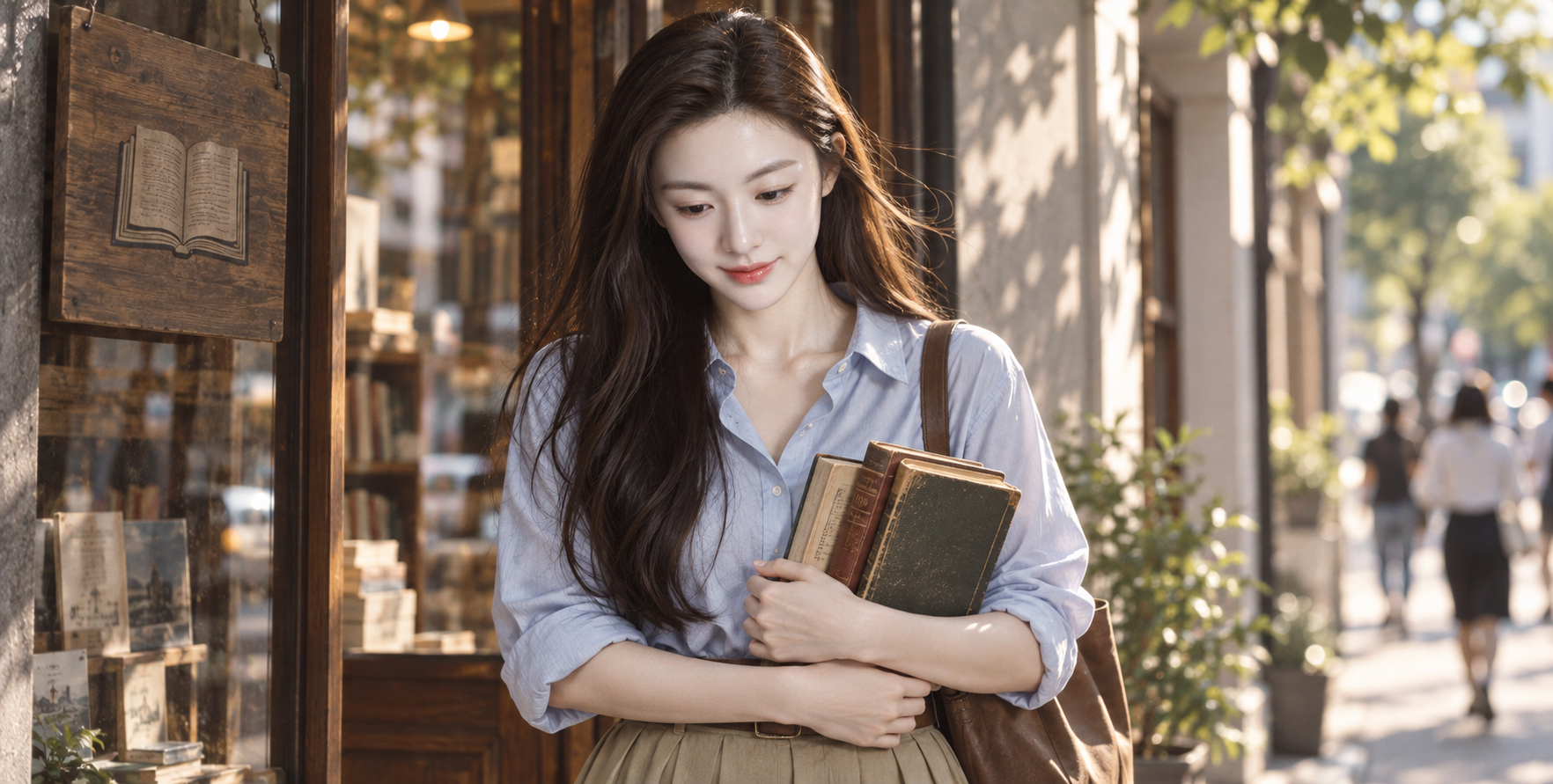 书店门口抱书的亚洲年轻女性