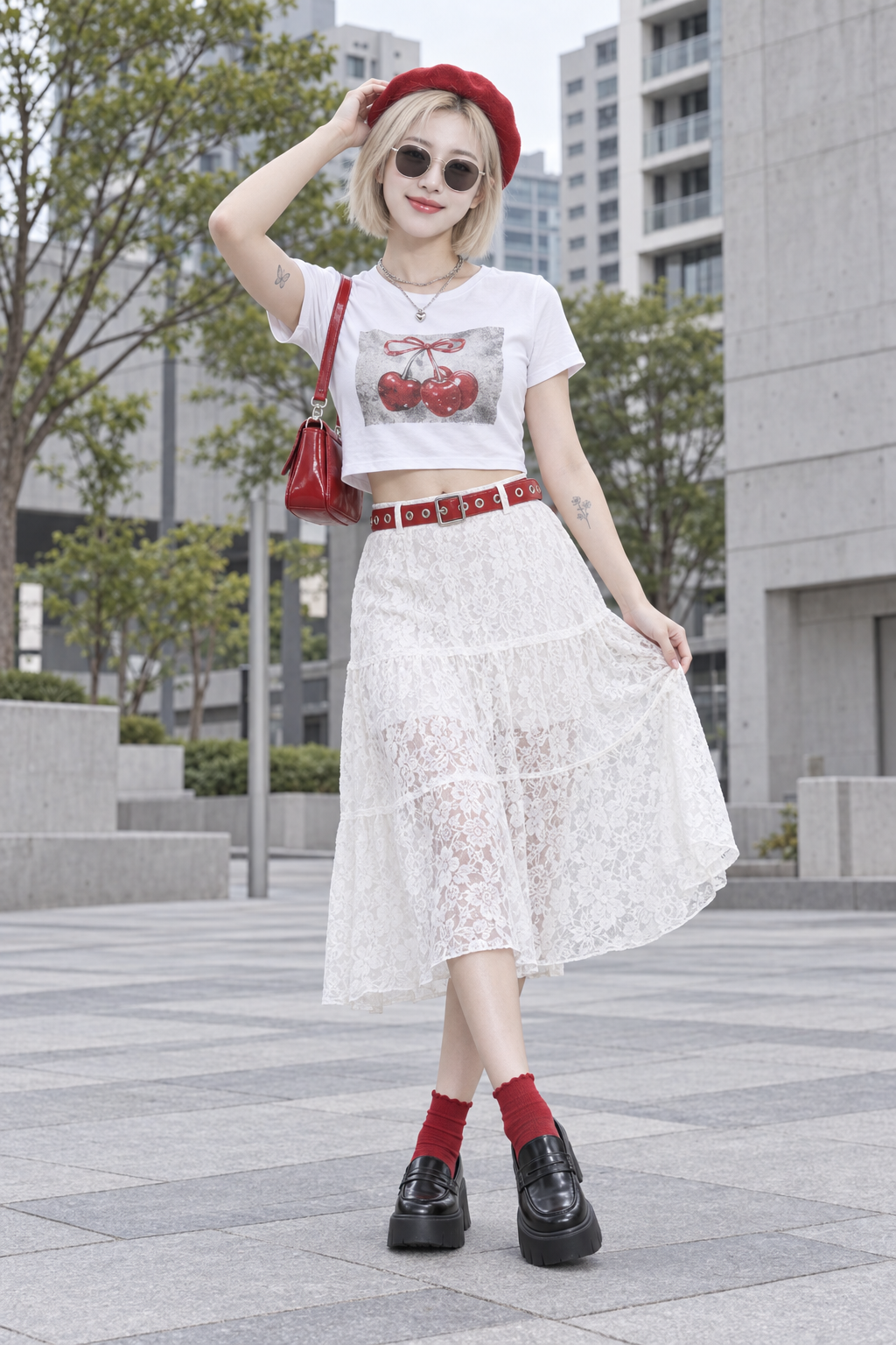 赤いベレー帽と白いレースドレスの街角ファッションポートレート
