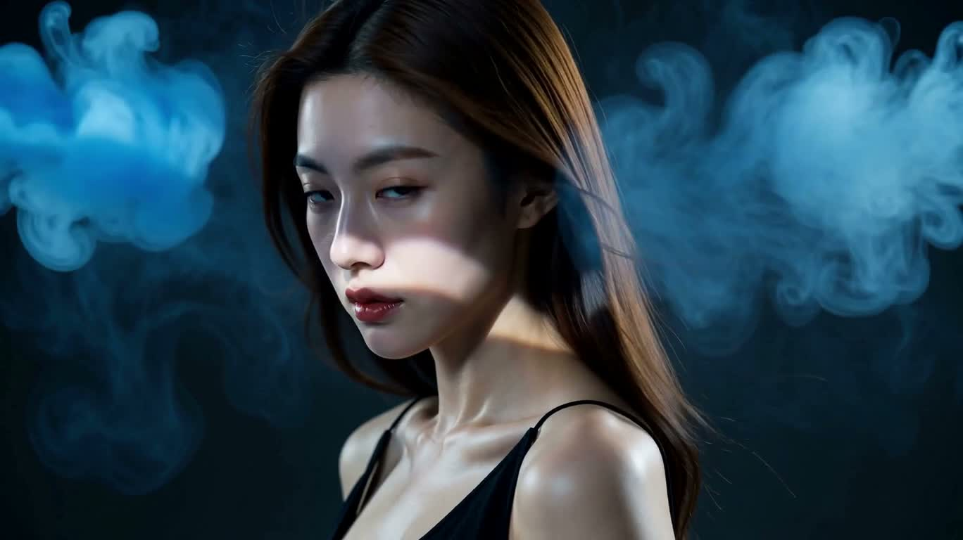 푸른 안개 속 초사실주의 여성 초상 — AI video creation
