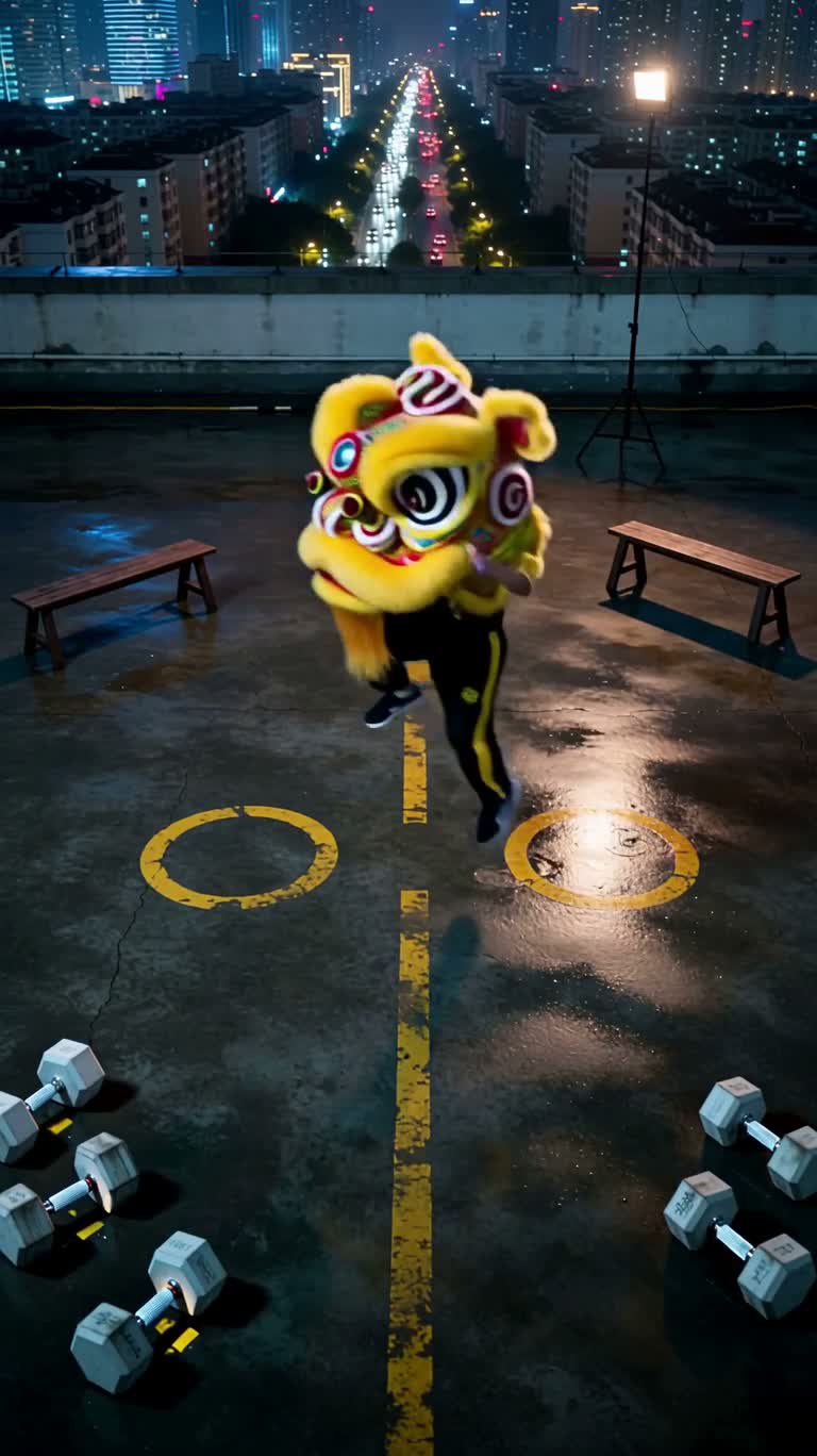 雨夜狮舞学徒的坚毅训练 — AI video creation