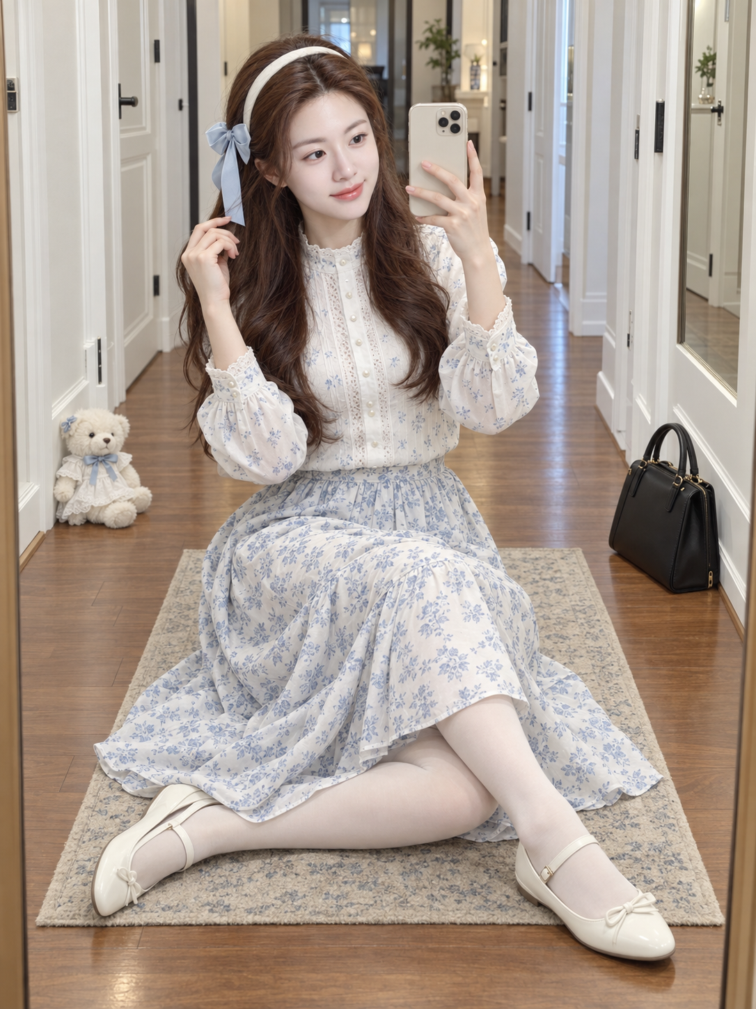 成年女性青白花纹走廊镜前自拍