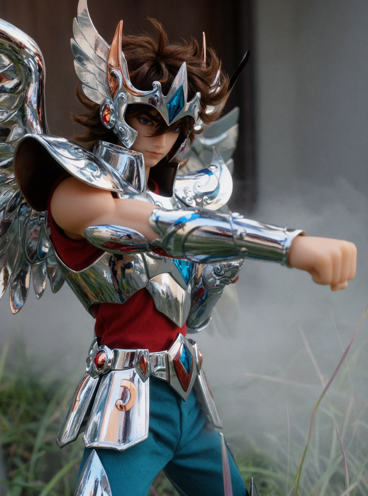Seiya · Coup de poing figé · Portrait environnemental — AI image creation