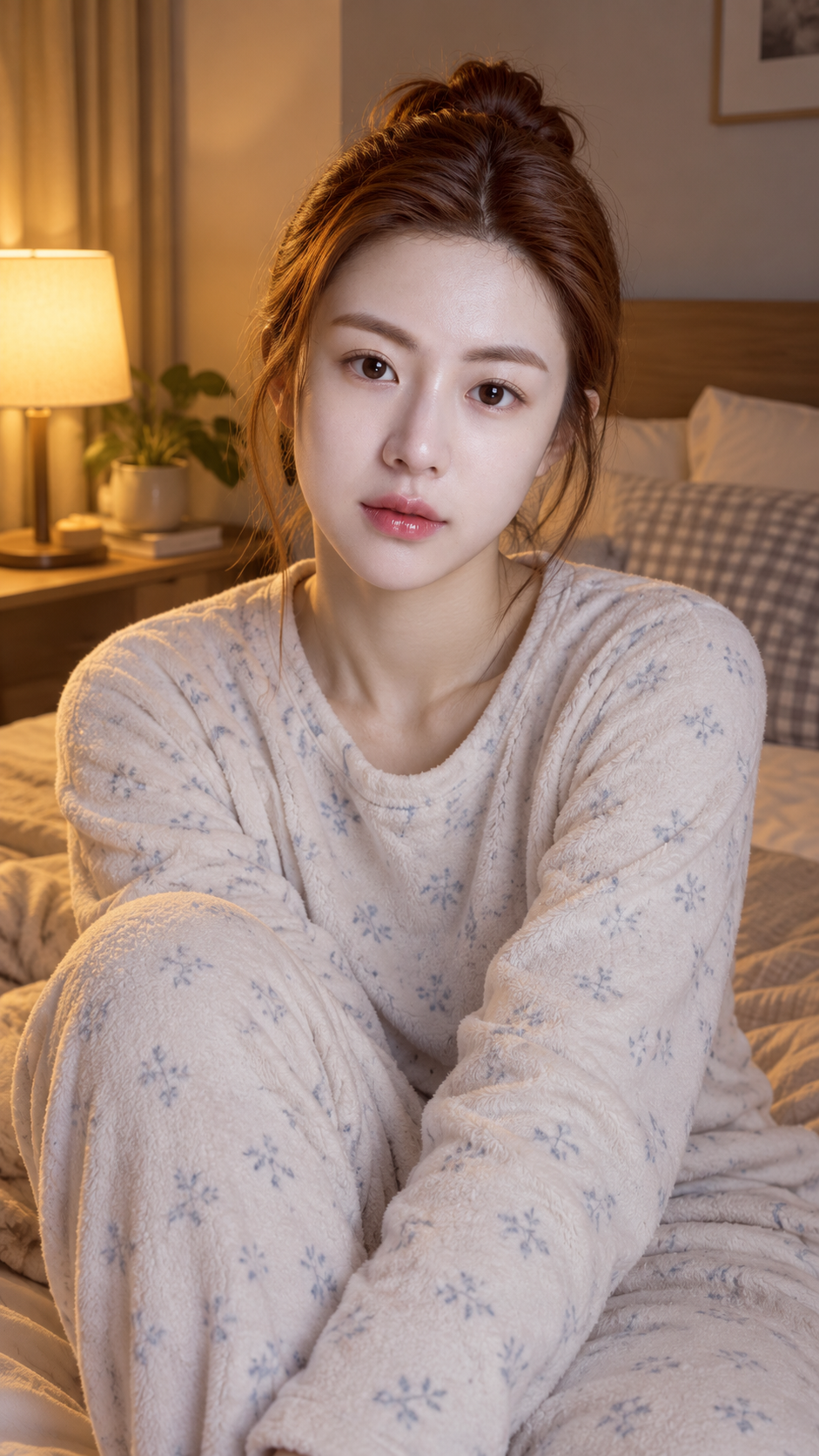 暖かな灯りの寝室でシニヨンの大人のポートレート