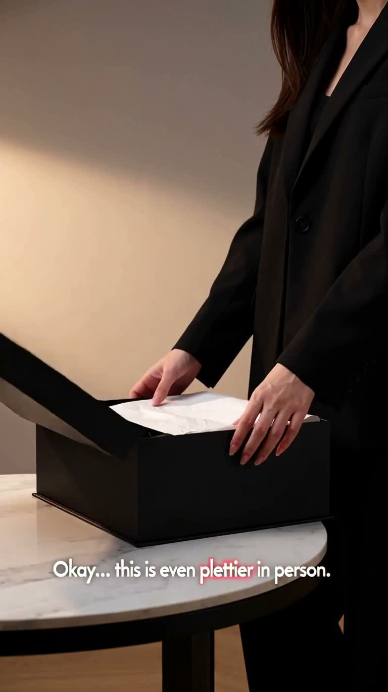 Déballage et présentation élégante d'un sac à main noir