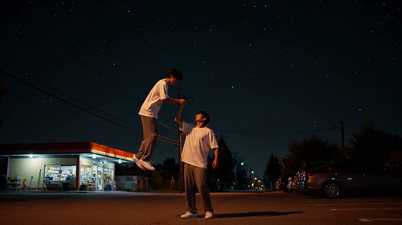 별빛 주차장의 저중력 견인 — AI video creation