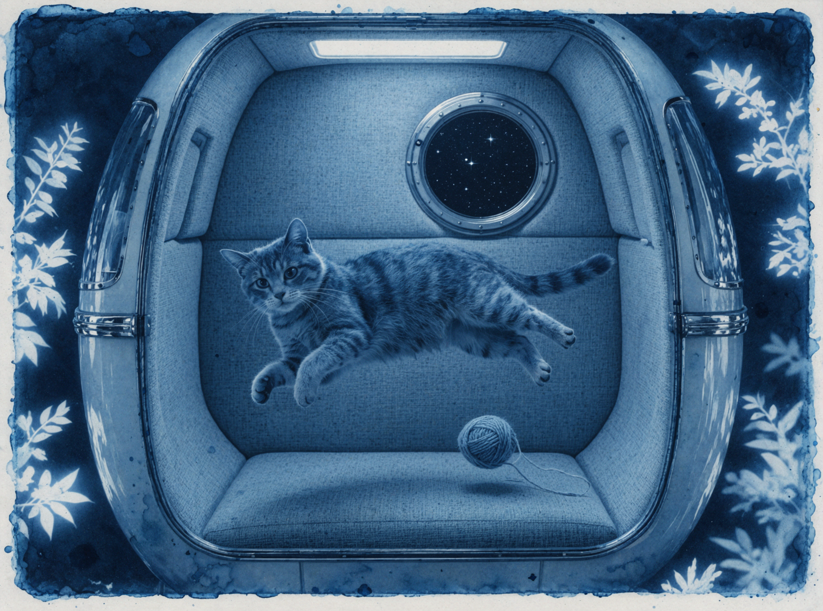 Khoang tàu vũ trụ của mèo · Nghệ thuật cyanotype — AI image creation