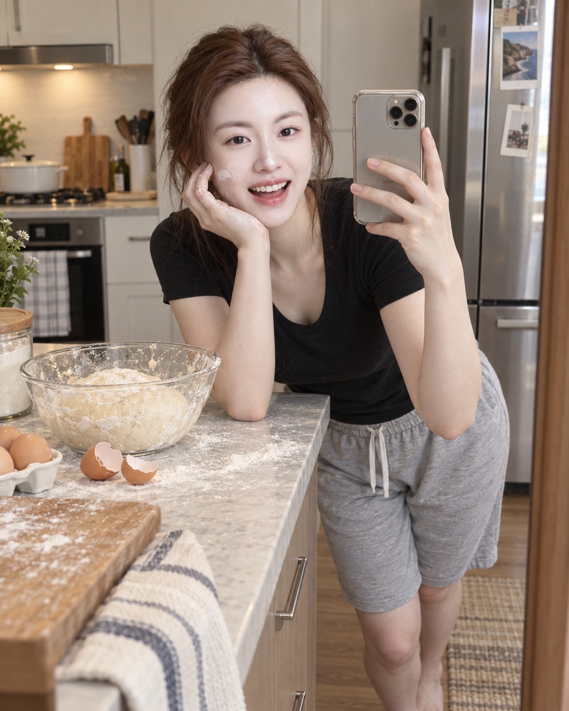 Ảnh selfie gương của một phụ nữ trưởng thành dính bột mì trong căn bếp bừa bộn