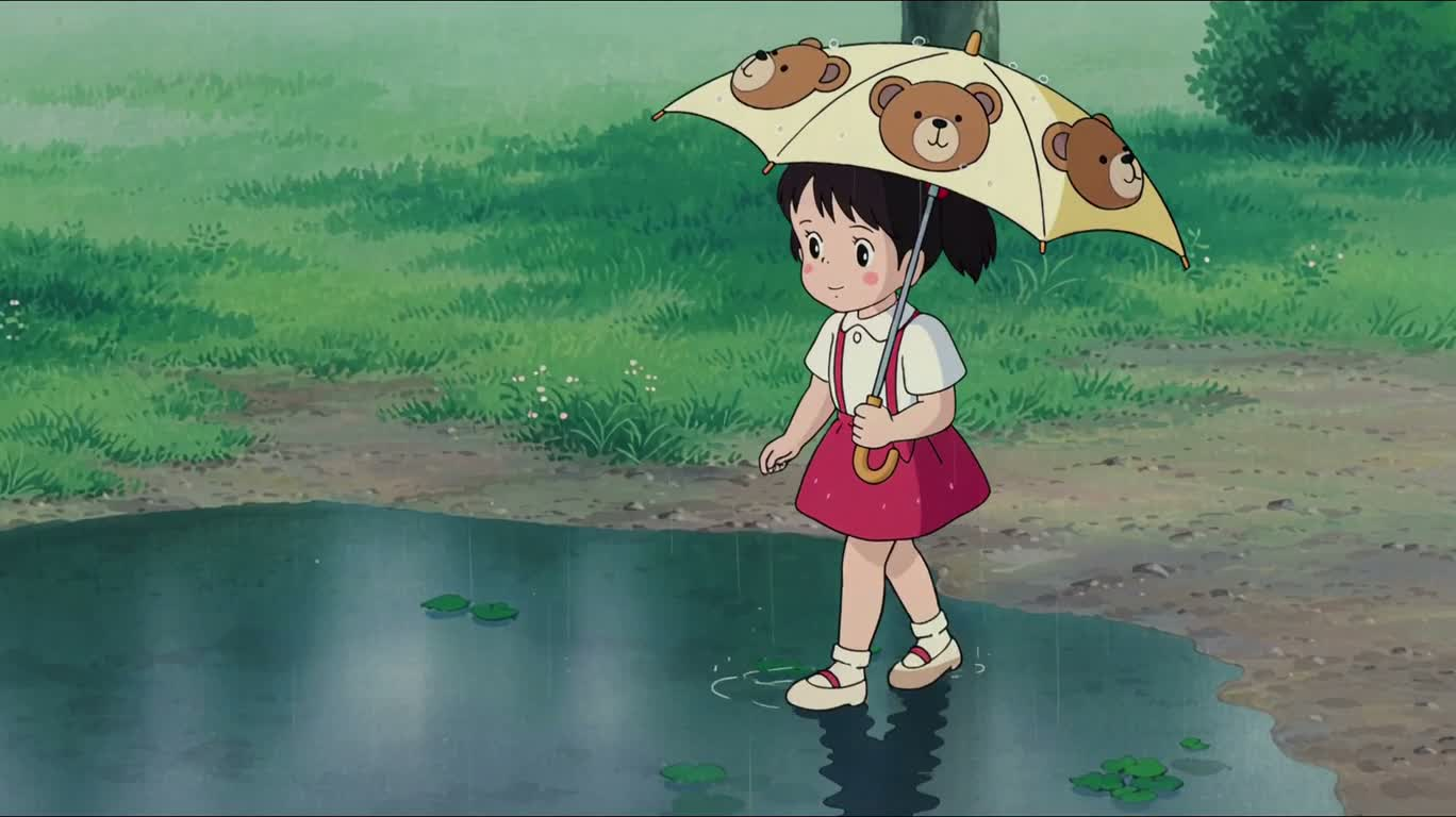 雨中熊纹伞与积水漫步