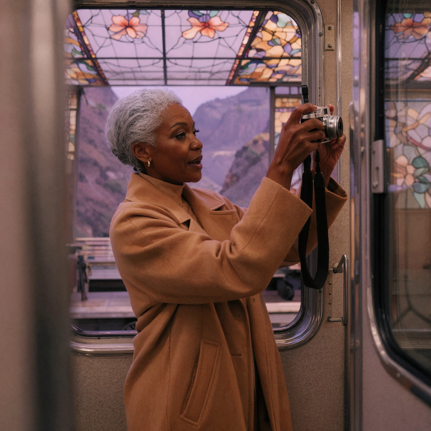 Silver-Haired African Woman Traveler · Mountain Window Portrait · Street Candid — AI image creation