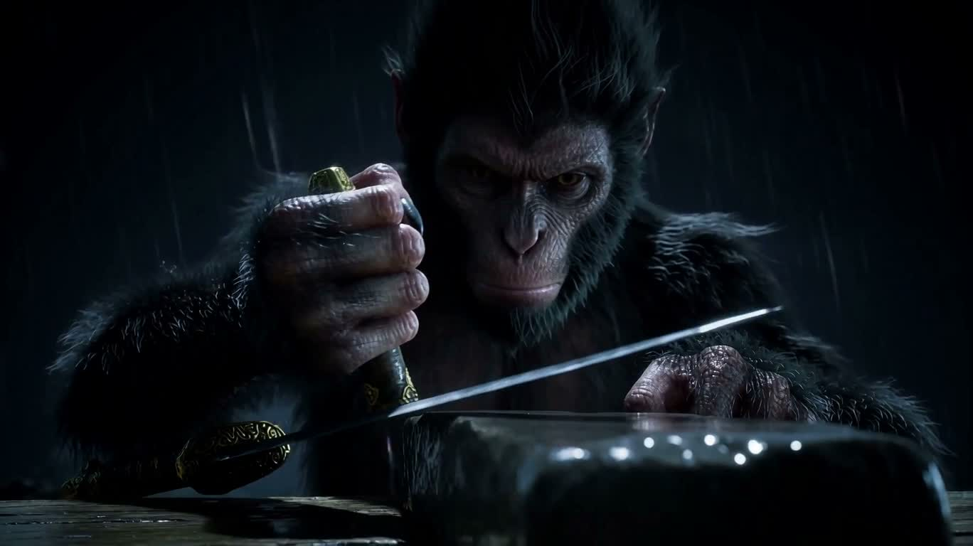 Le guerrier singe aiguise sa lame par une nuit de pluie