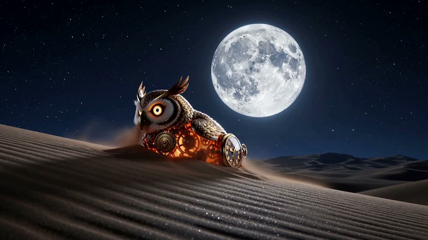 Montre à gousset steampunk en forme de hibou dans les dunes au clair de lune