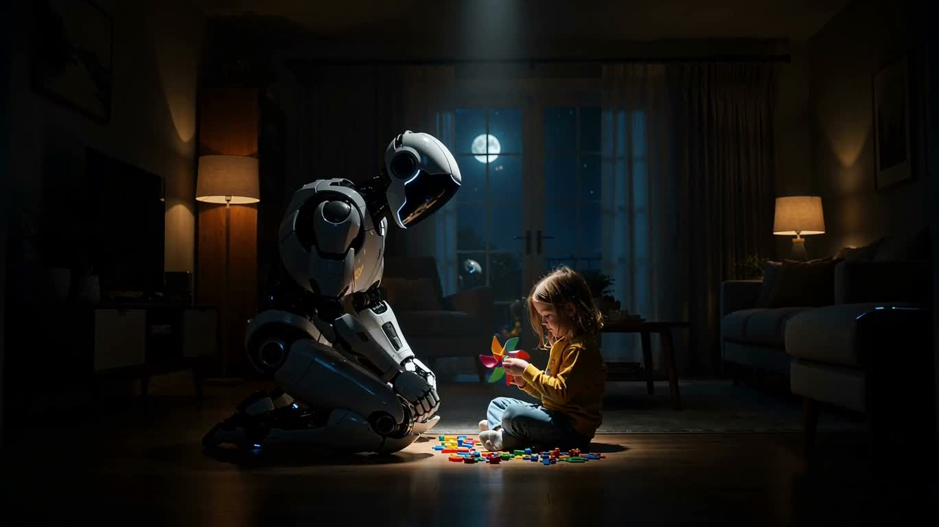 A Robot and a Child's Warm Toy Time
