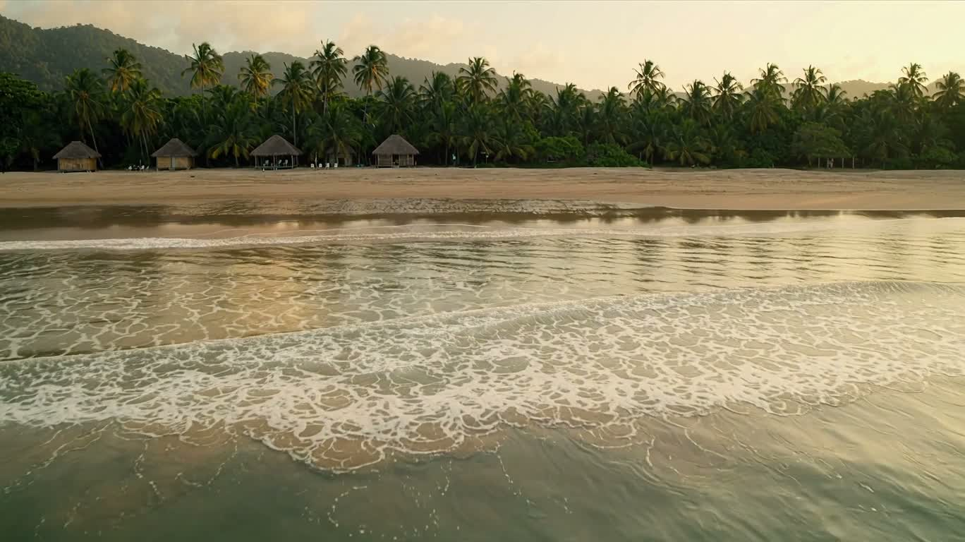 Vue aérienne d'une côte tropicale à l'heure dorée — AI video creation