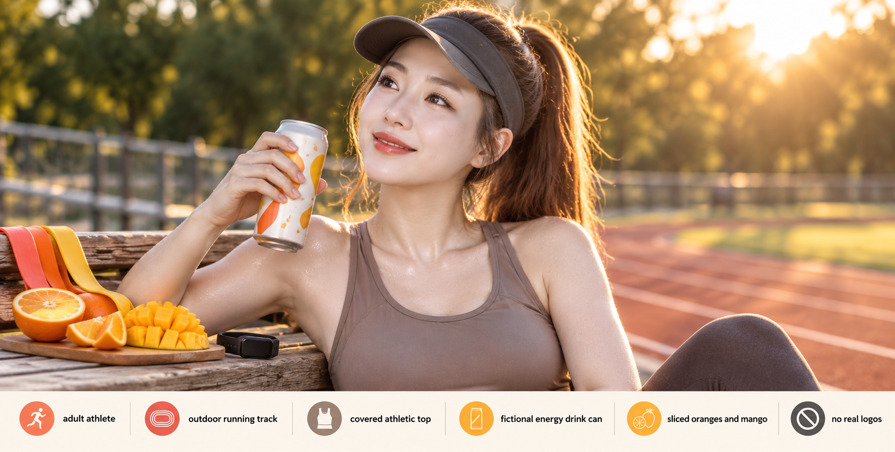 여섯 개의 지정 문구와 함께 트랙에서 휴식하는 성인 운동선수 초상