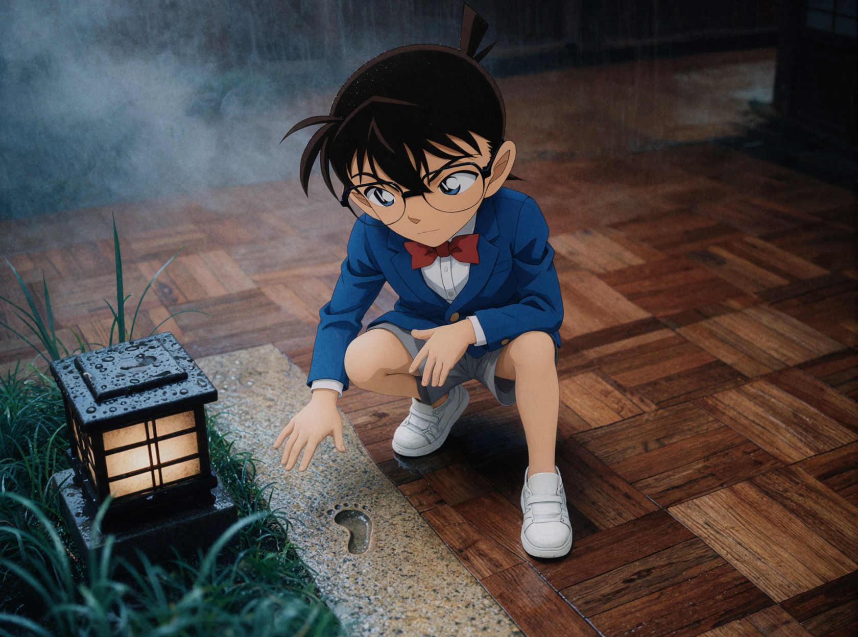 Conan Edogawa · Indices sous la lampe · Négatif couleur — AI image creation
