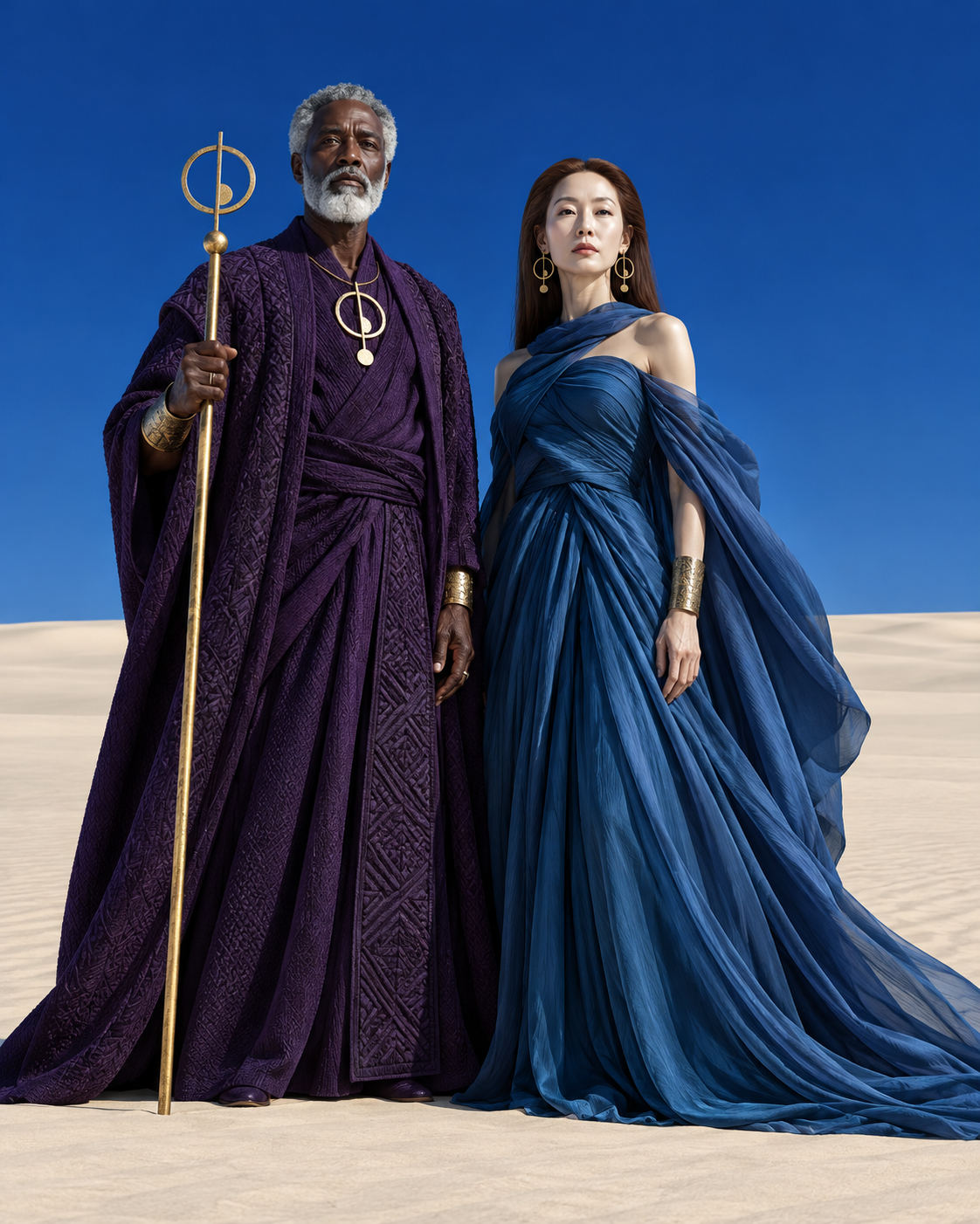 钴蓝天幕下的非洲未来主义长者双人沙漠肖像 — AI image creation