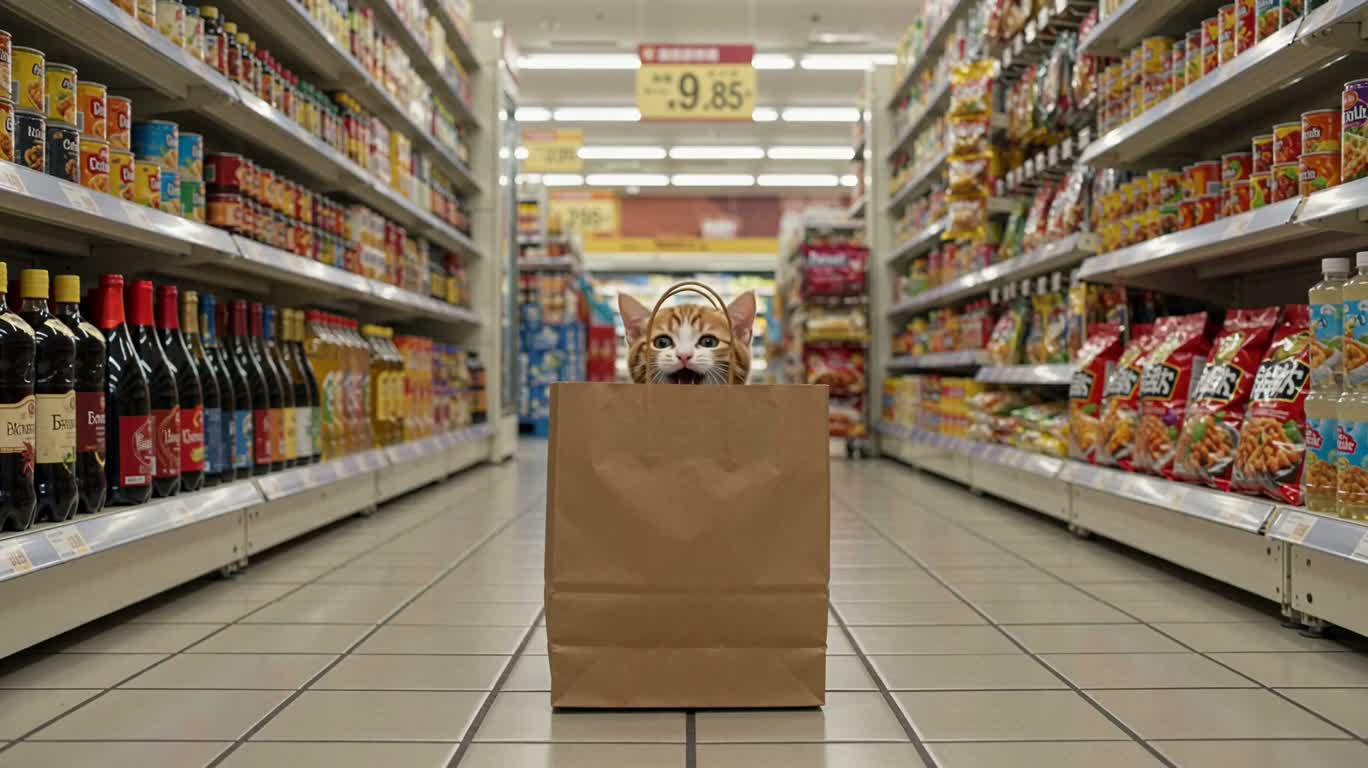 Chaton dans un sac en papier de supermarché — AI video creation