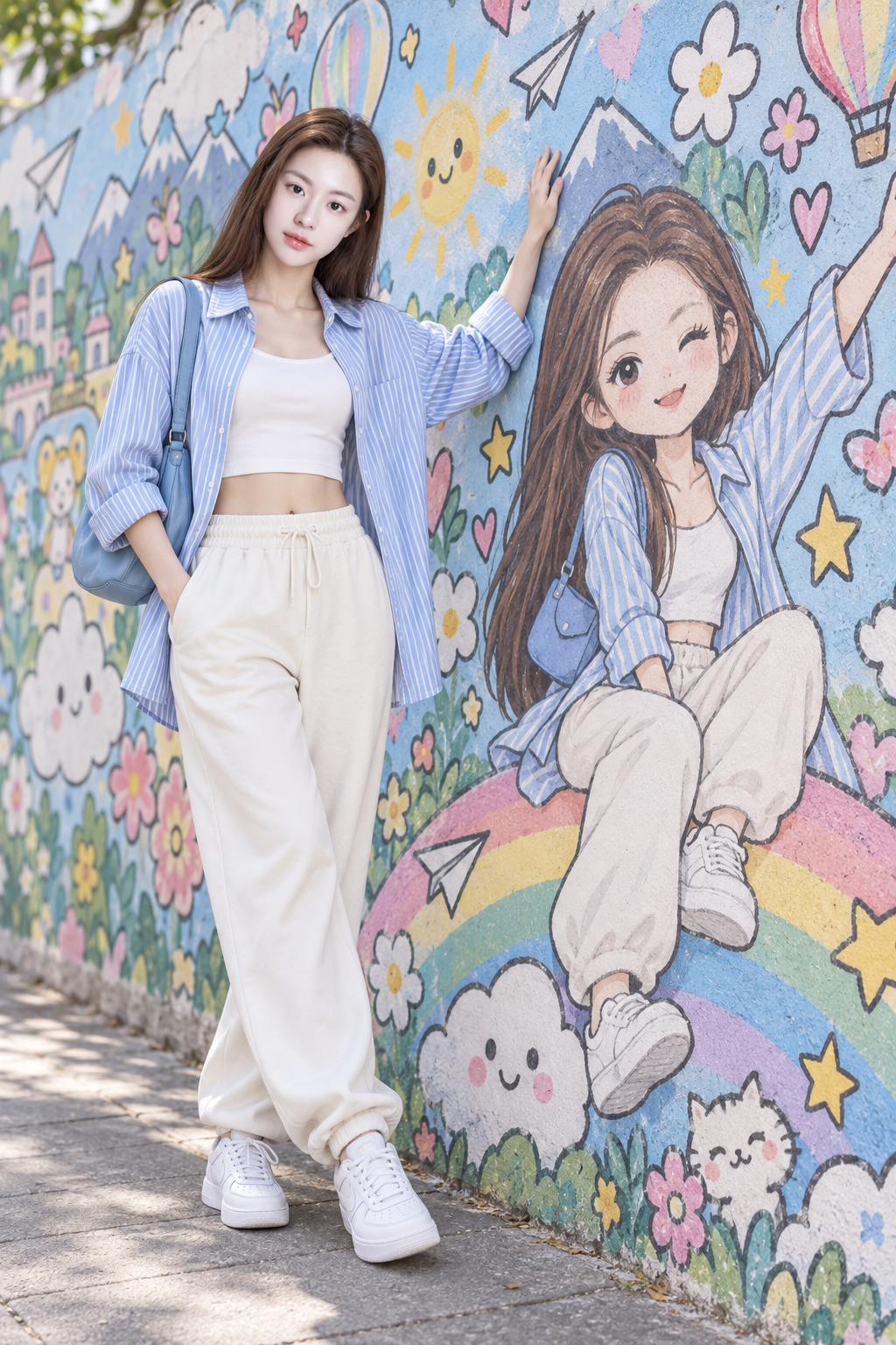 彩色卡通壁画前的成年女性全身人像
