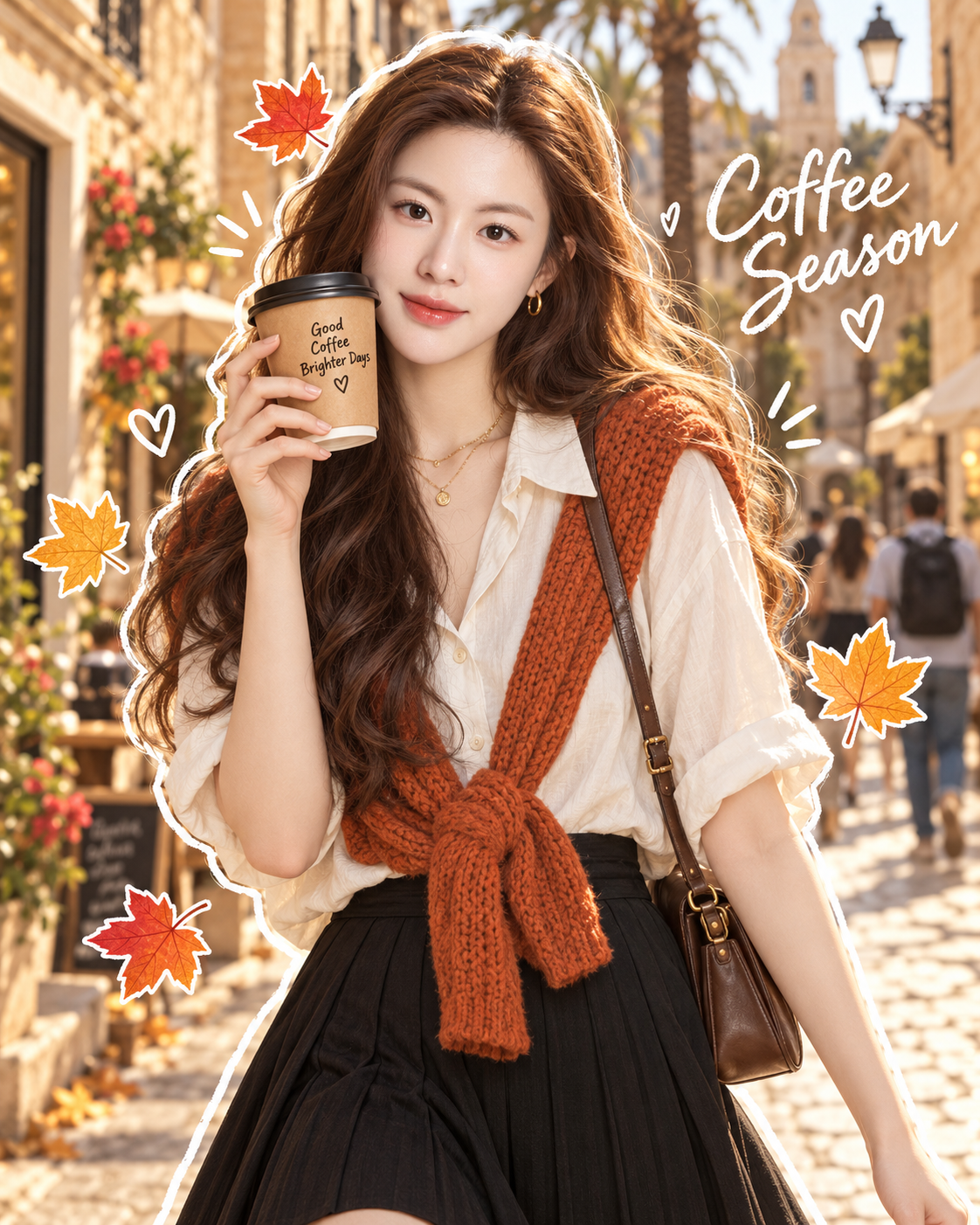 Minh họa bán thực tế phong cách sticker về người phụ nữ trưởng thành với cà phê mùa thu trên phố — AI image creation