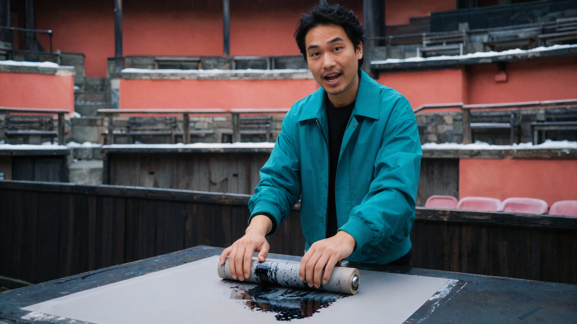 成人東南アジア人男性グラフィックデザイナー · ローラーインクの痕跡 · 環境ポートレート — AI image creation