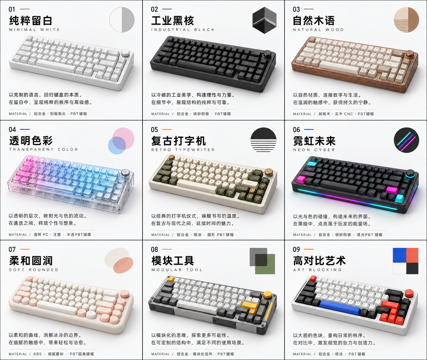9つのオリジナル方向性によるメカニカルキーボード図鑑 — AI image creation