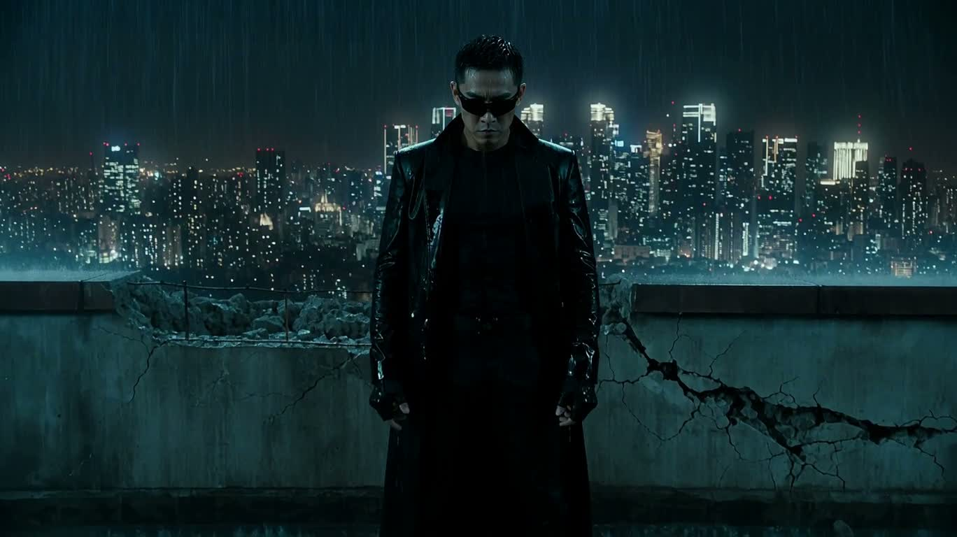 Black-Clad Warrior on a Rainy Rooftop