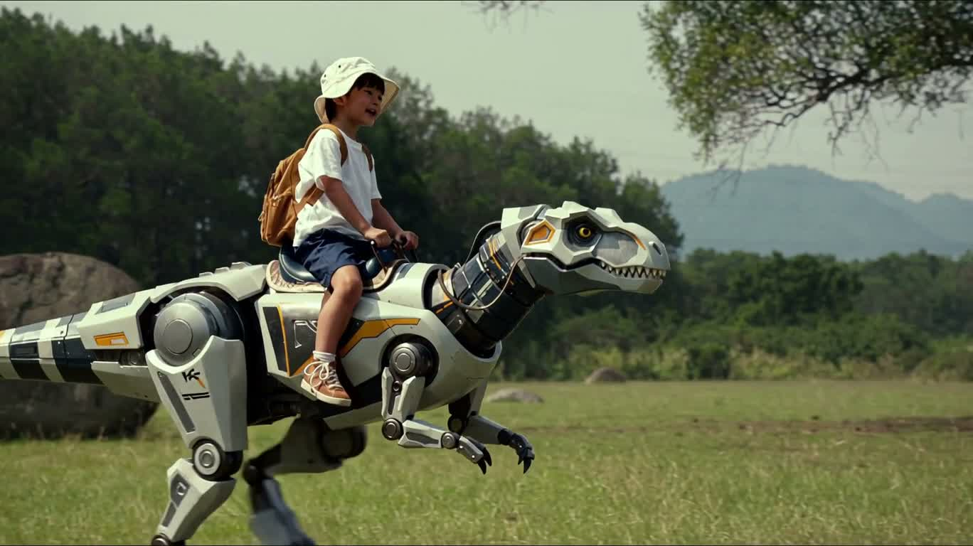 Enfant au chapeau blanc chevauchant un dinosaure robot — AI video creation