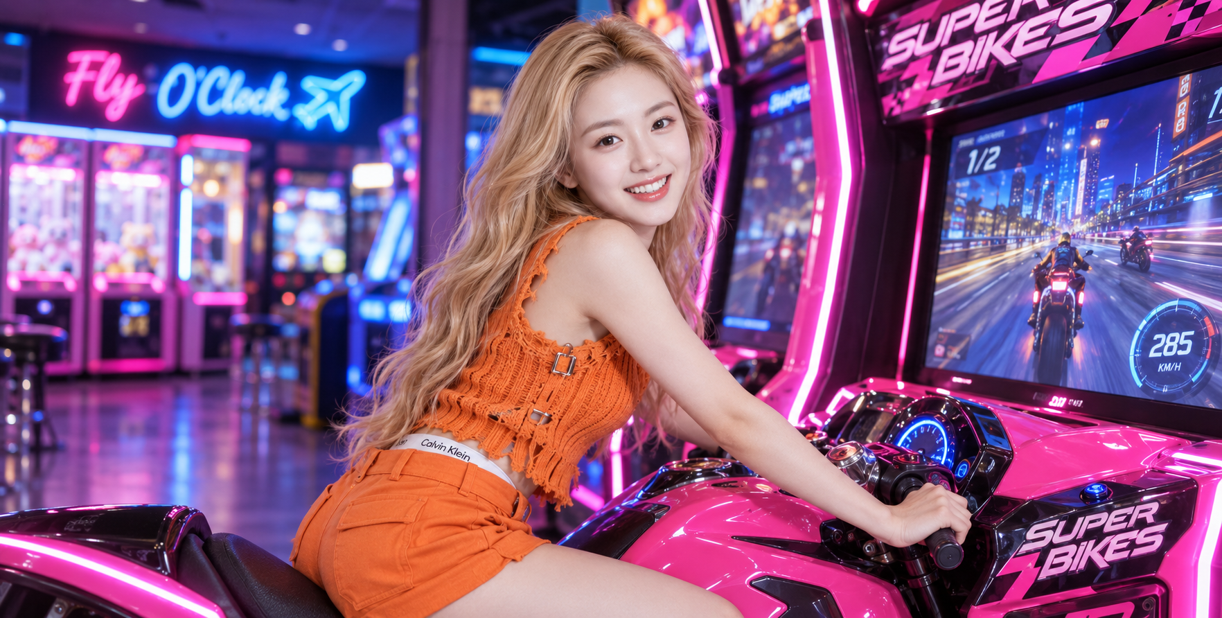 ネオンゲームセンターの金髪元気レーシングガール