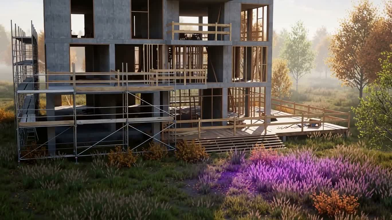 Néons d'automne sur bâtiments inachevés et cour naturelle
