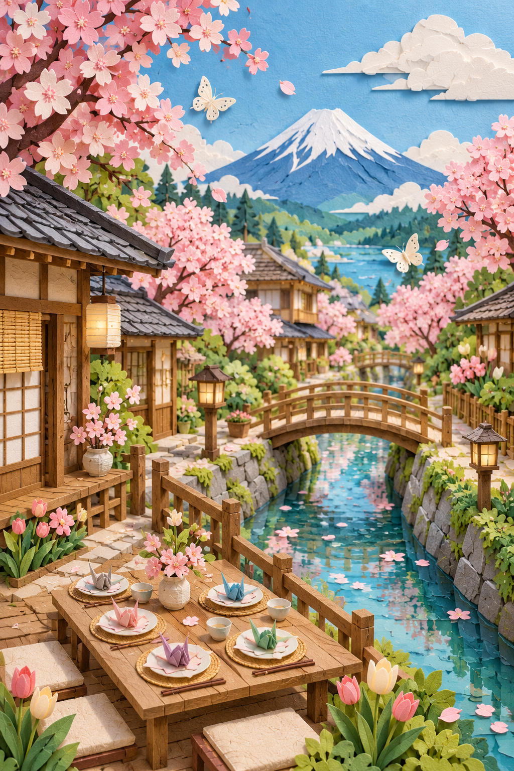 桜の季節の日本の村と五人家族のペーパークラフトミニチュア