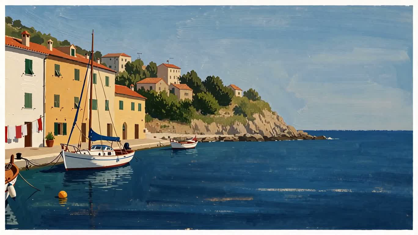 Áp phích du lịch màu gouache bến cảng Địa Trung Hải