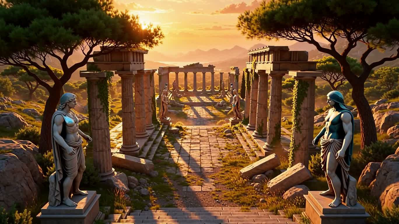 Fantasy Greek Ruins at Golden Hour — AI video creation