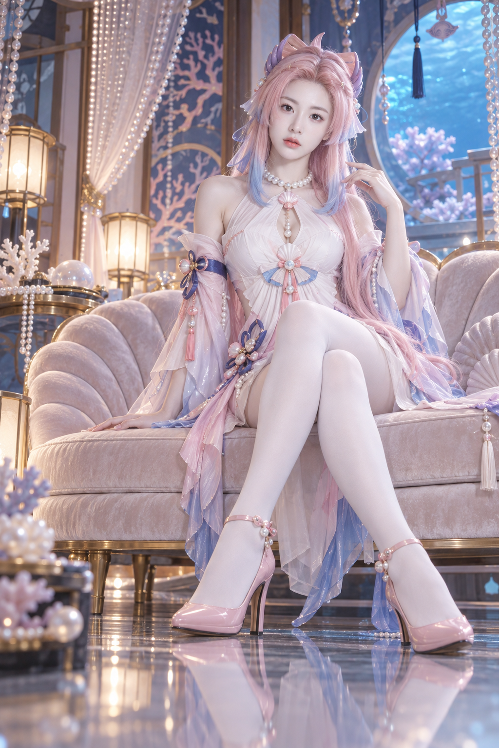 珊瑚宫心海贝壳沙发低机位Cosplay人像 — AI image creation
