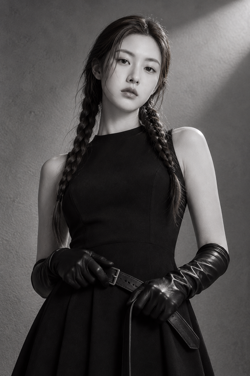 Portrait de mode cinématographique en noir et blanc avec gants et ceinture