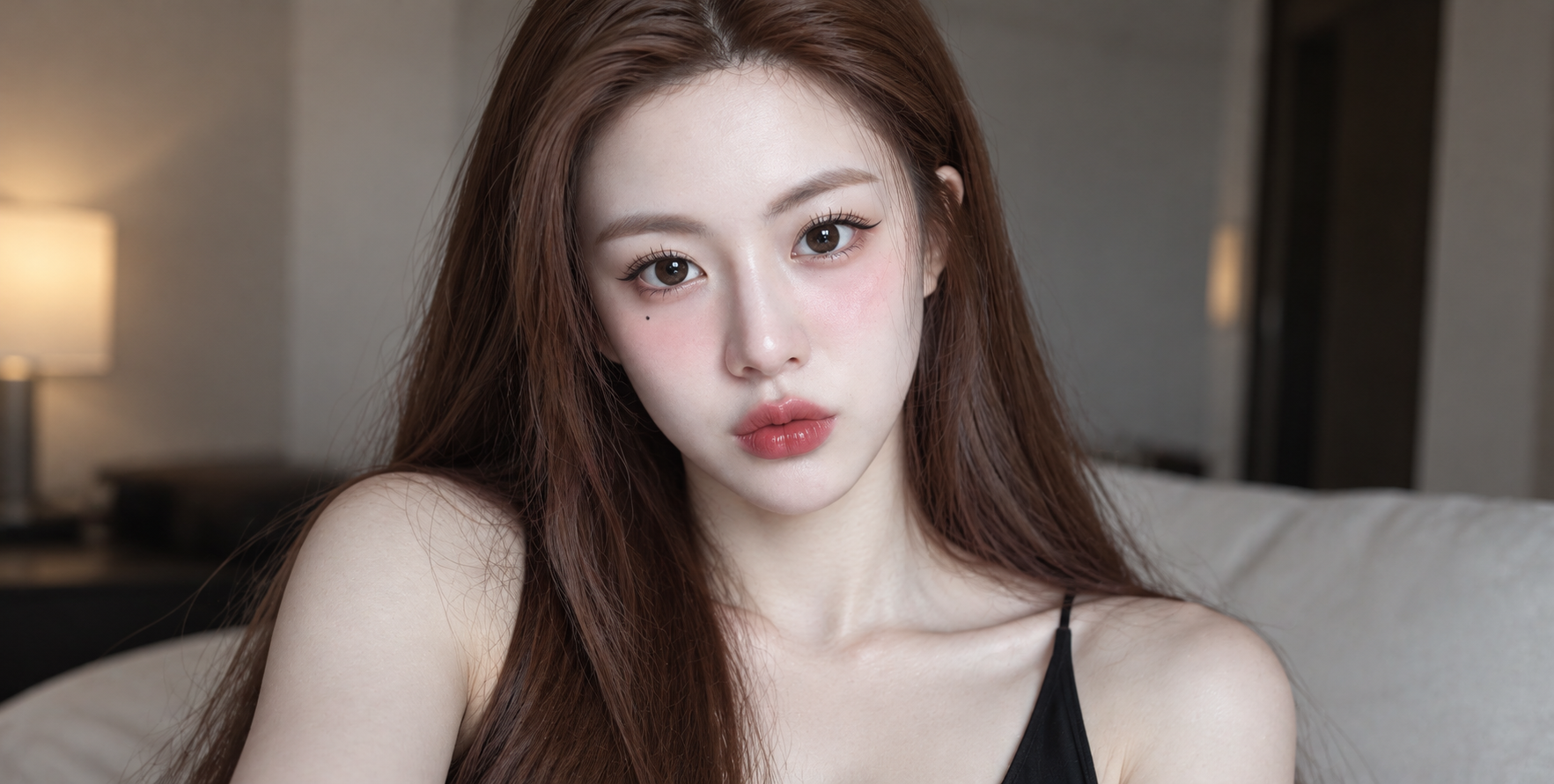 Selfie cinématographique en gros plan d'une femme adulte aux longs cheveux châtains — AI image creation