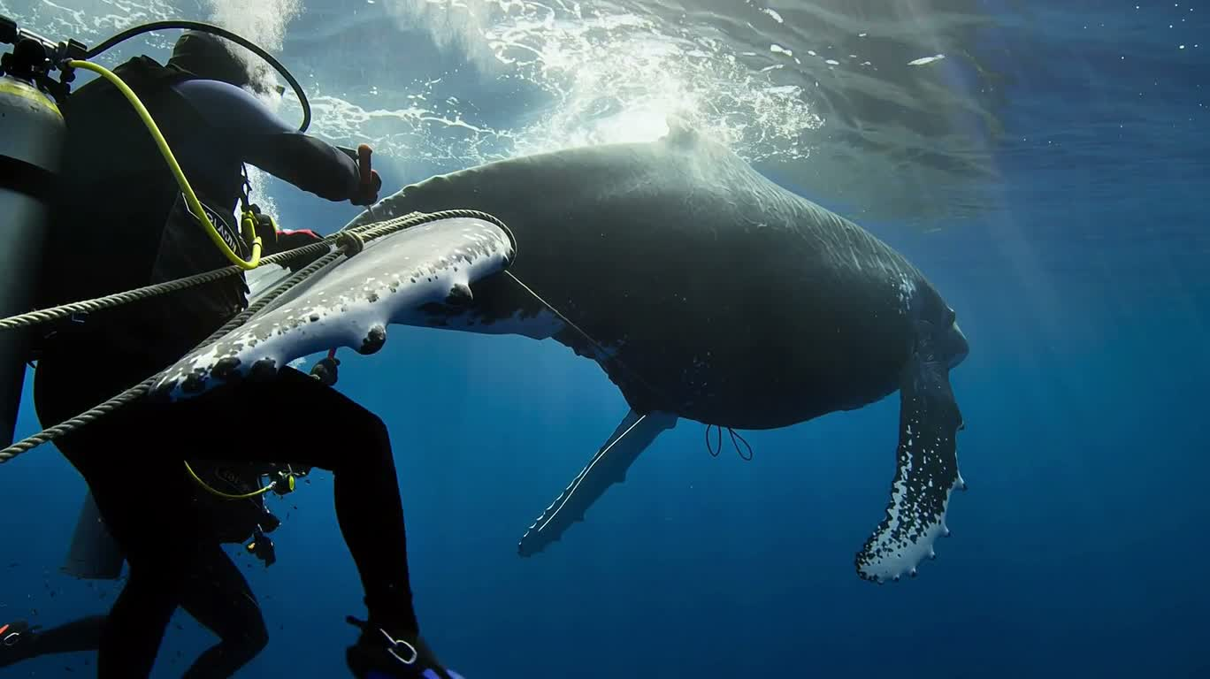 深海でザトウクジラを救出