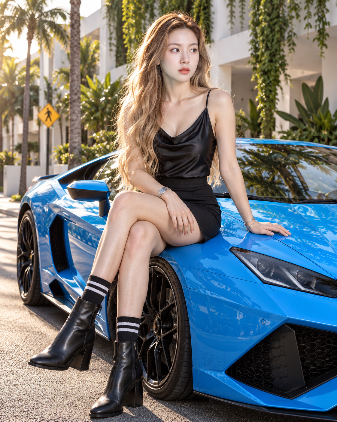 Người phụ nữ trưởng thành trên phố phong cách Miami và siêu xe xanh điện