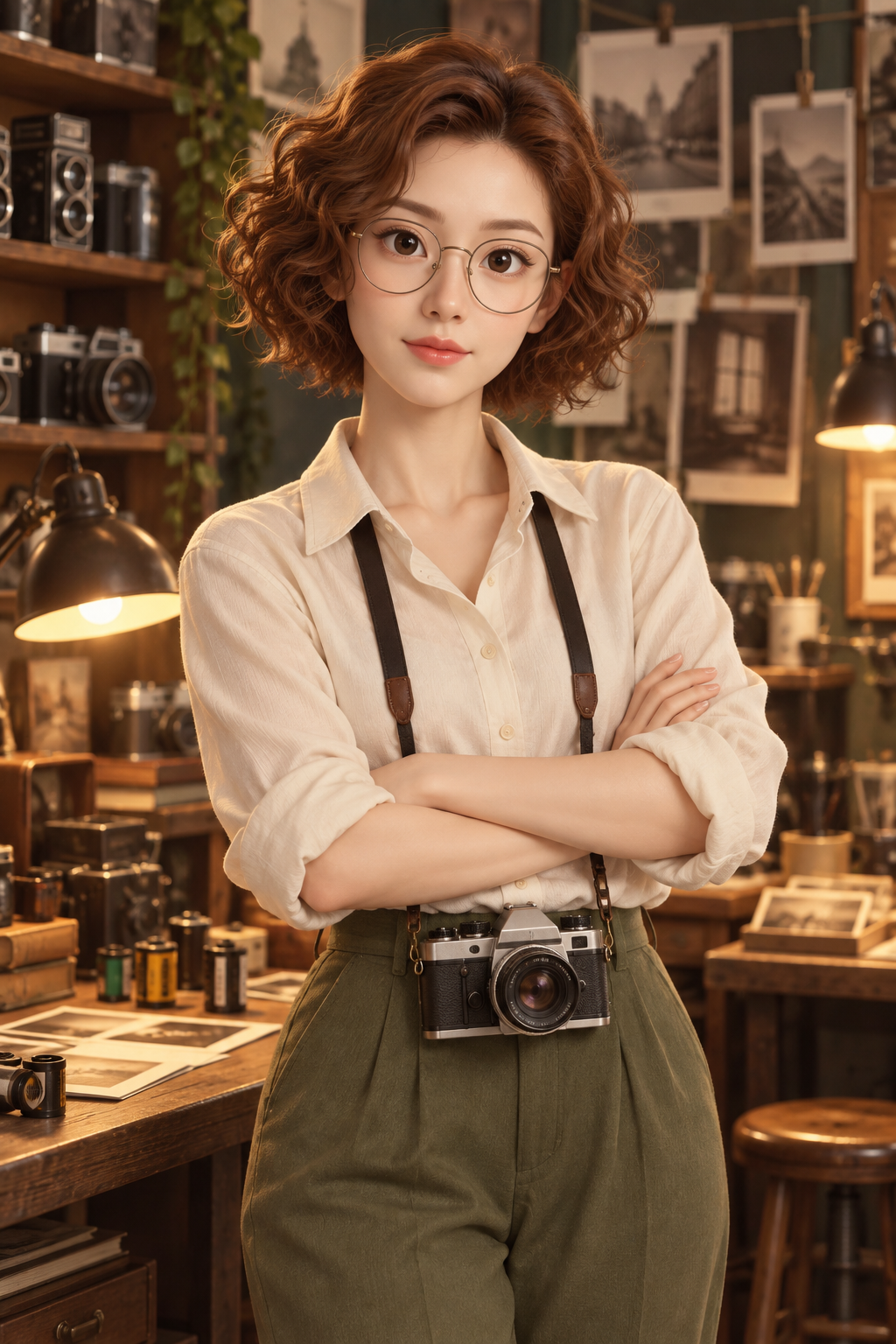 レトロな写真スタジオの3Dアニメ女性フォトグラファー