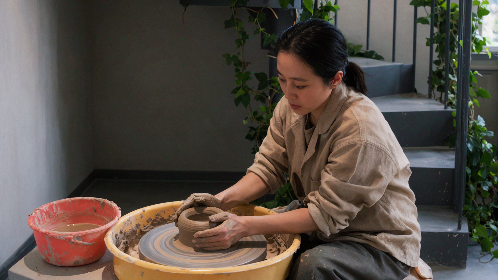 陶芸家の東アジア女性・ろくろを回す・環境ポートレート