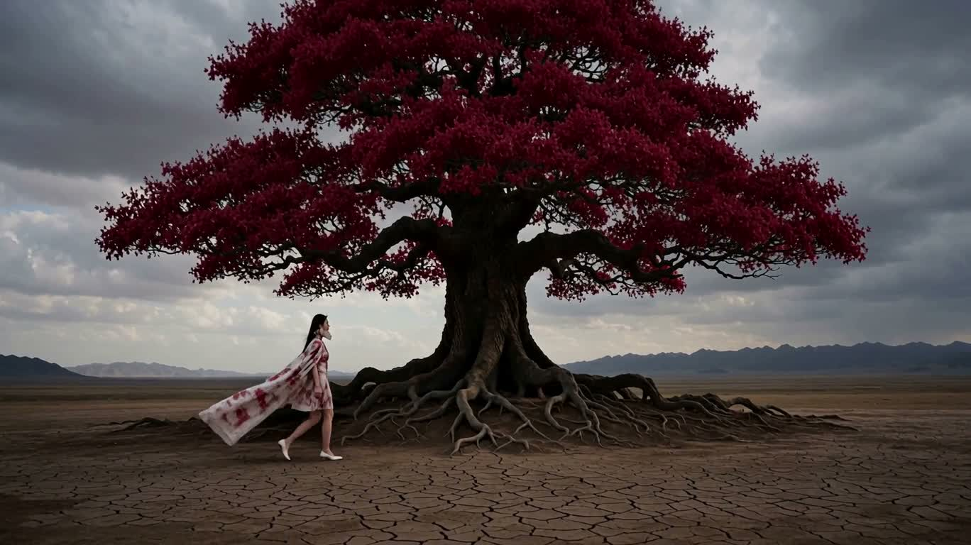 Illusion rouge et blanche dans les racines écarlates — AI video creation