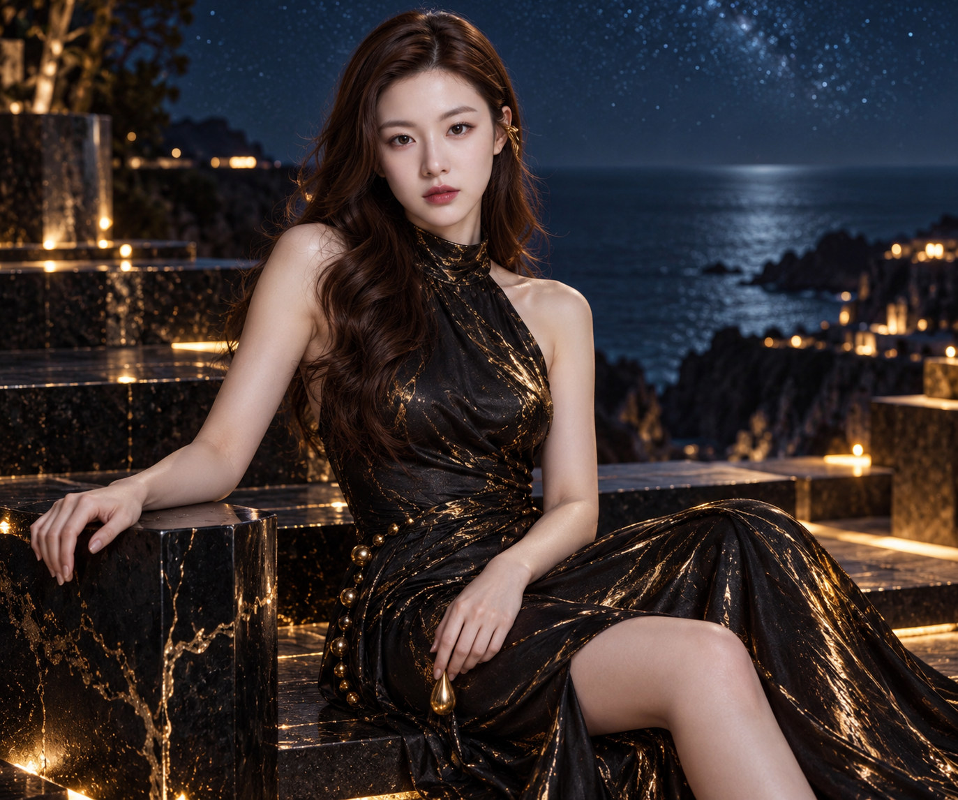 Dark Gold Fashion Portrait on an Obsidian Sea Cliff Platform