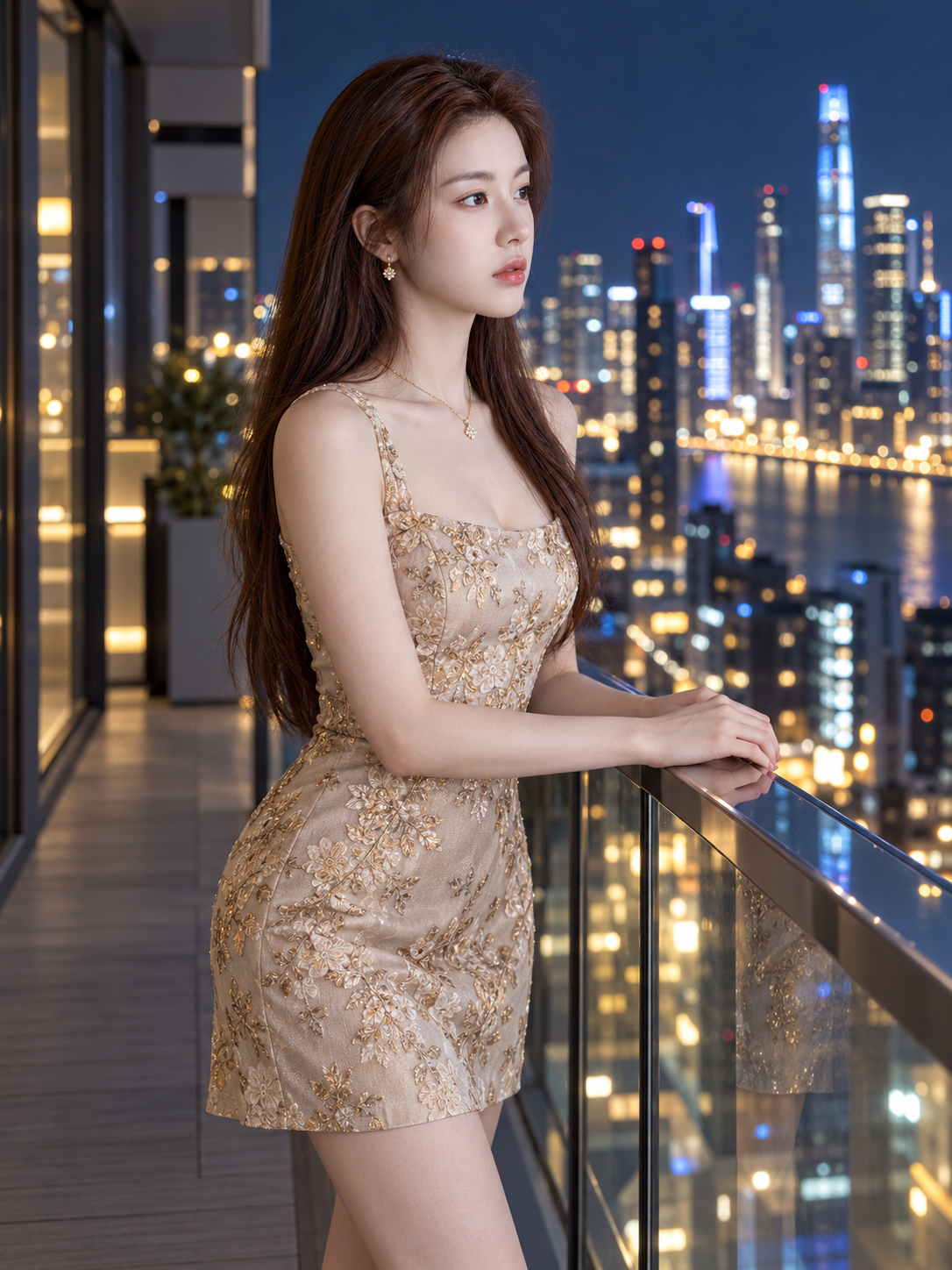 玻璃阳台都市夜景成年女性时尚肖像