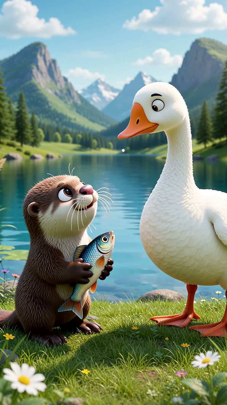 Little Otter and White Goose by the Lake