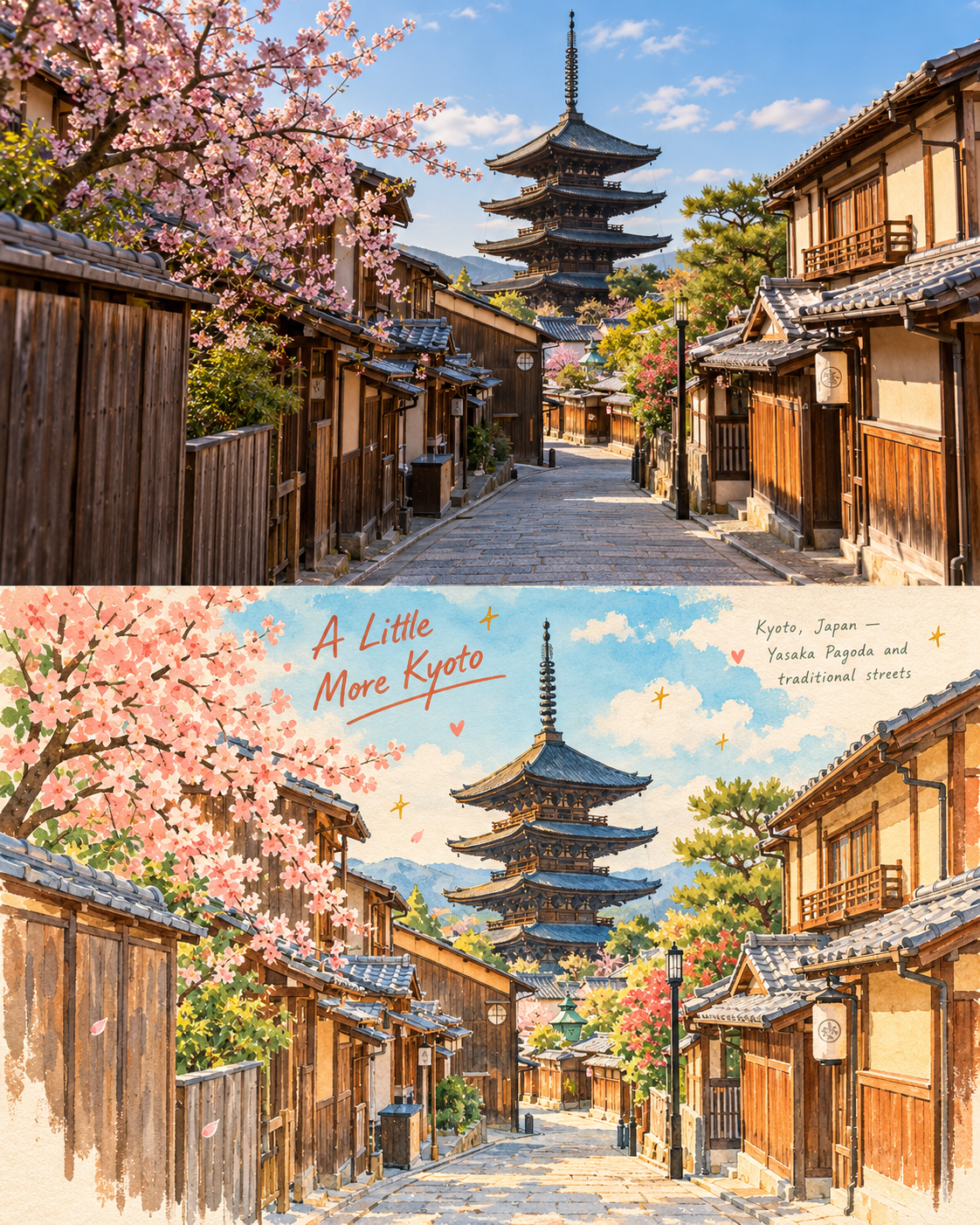 Kyoto Yasaka Pagoda Vintage Travel Photo Watercolor Poster