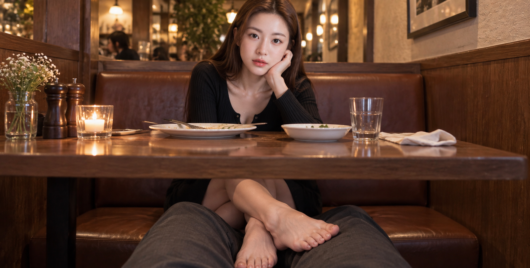 餐厅卡座对面女生双脚搭在腿上亲密互动