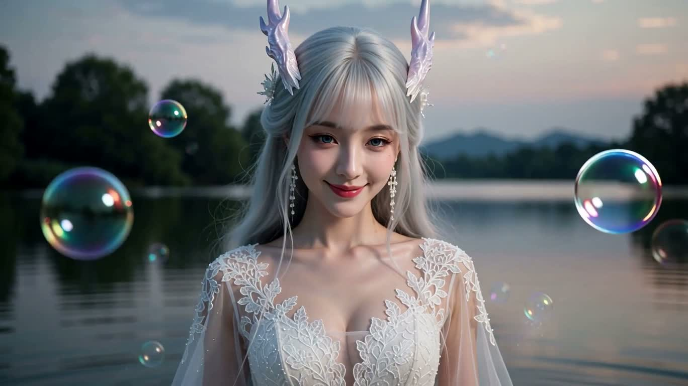황혼 호수 위의 용 그림자
